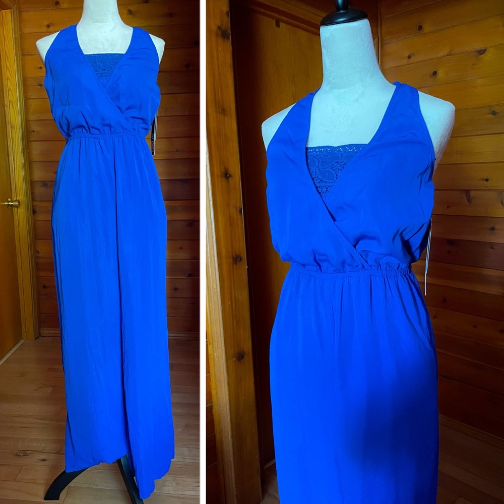 NWT XOXO Cobalt  Blue Halter Lace Detail Jumpsuit Sz Medium